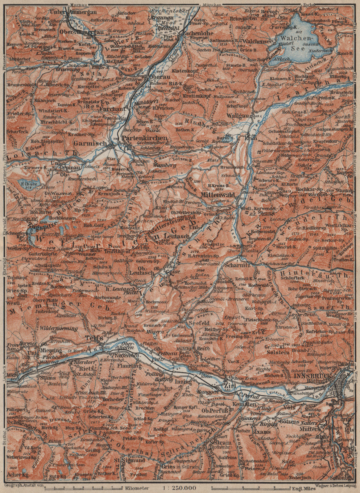 WETTERSTEIN Garmisch-Partenkirchen Innsbruck Inntal Mittenwald Oberau 1911 map